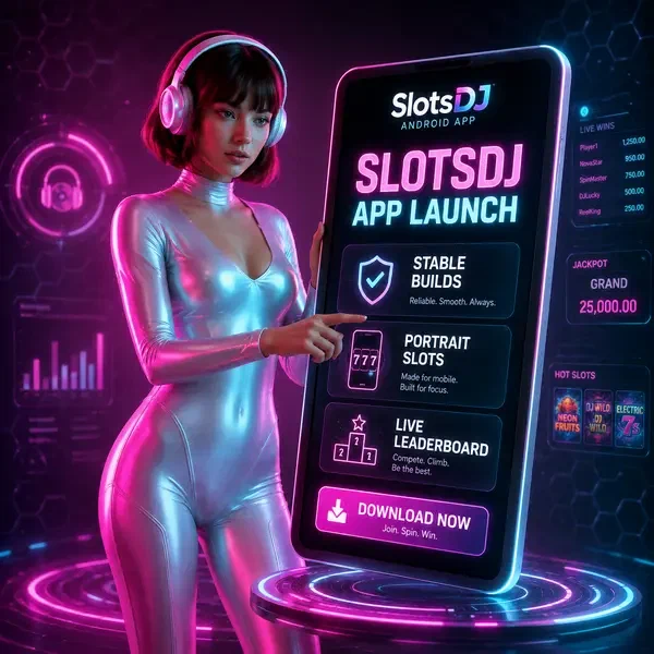 Nova showcasing SlotsDJ Android app with live slots data on glowing tablet screen
