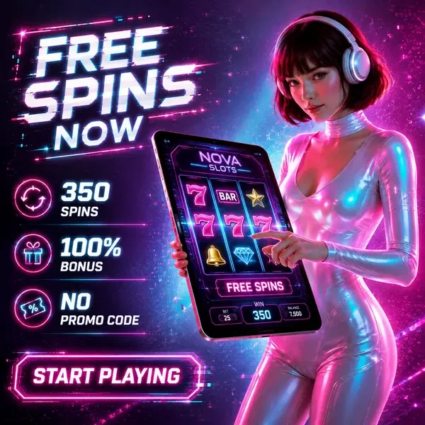 Nova showcasing free spins interface at SlotsDJ with electric neon glow