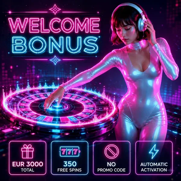 DJ Nova spinning neon roulette wheel while claiming SlotsDJ welcome bonus rewards