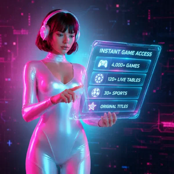 Nova interacting with holographic tablet displaying login portal at Instant Lobby and Game Access