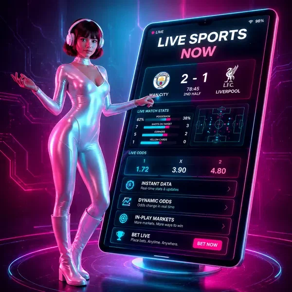 Nova analyzing live sports data on futuristic tablet at sports betting command center