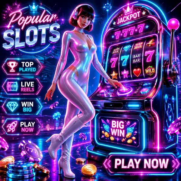 Nova interacts with futuristic slot games at Popular SlotsDJ, neon reels spinning with electric energy