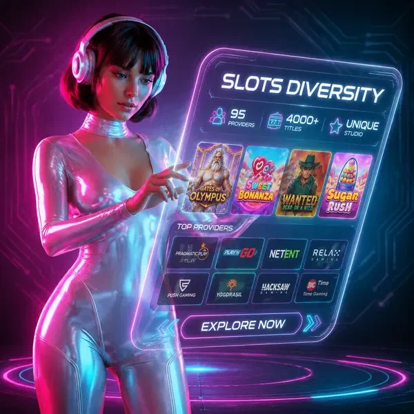 Nova exploring diverse slot providers on holographic tablet at SlotsDJ Casino interface