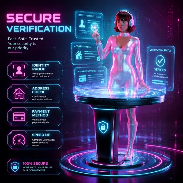 Nova at SlotsDJ verification terminal confirming identity with holographic documents