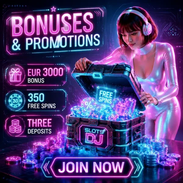 Nova revealing SlotsDJ bonus treasures with holographic coins and digital rewards