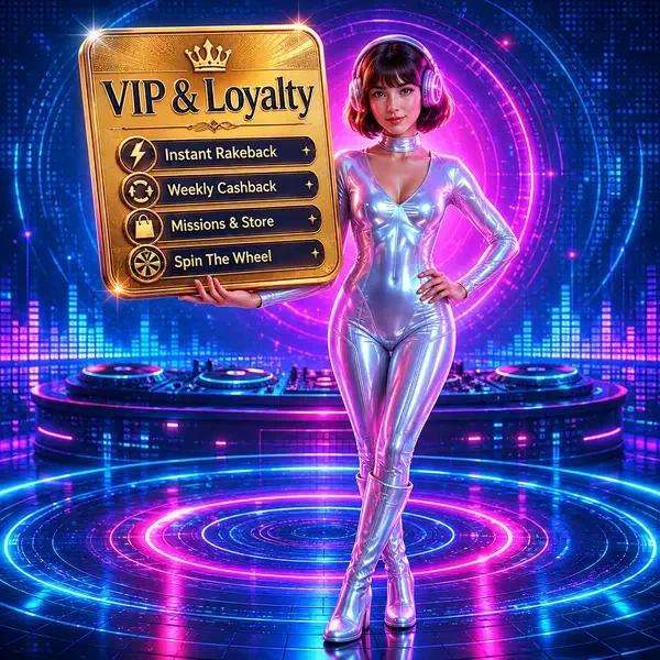 VIP player Nova presenting loyalty rewards card at SlotsDJ Casino exclusive lounge
