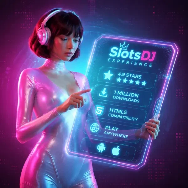 Player downloads SlotsDJ Mobile Experience app on futuristic holographic tablet