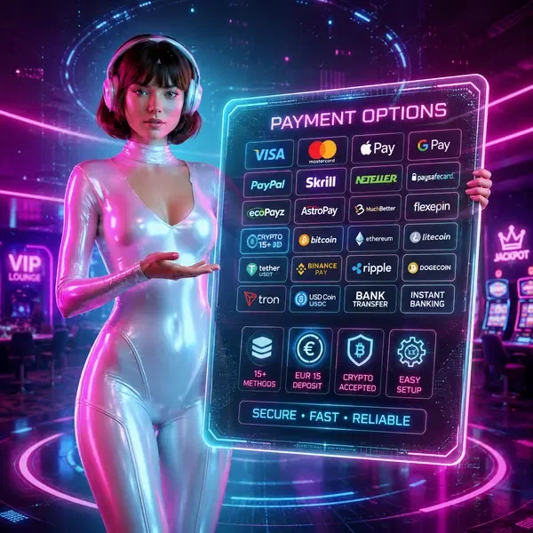 Nova presenting payment methods on holographic tablet at SlotsDJ with 15+ options glowing